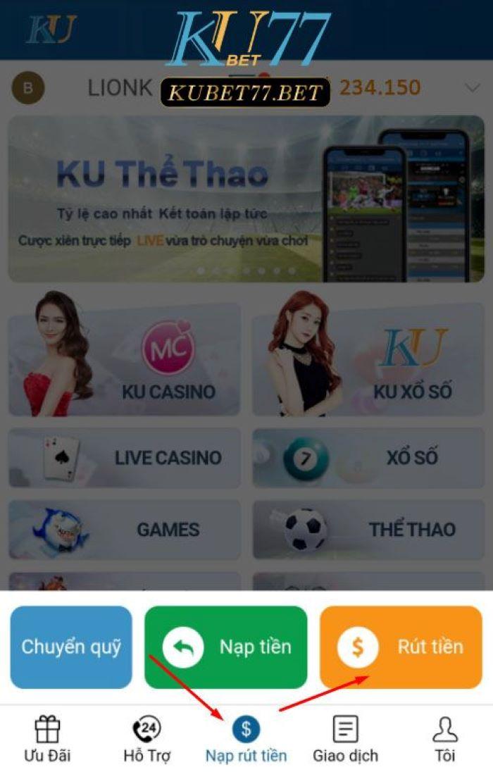 Thực hiện rút tiền Kubet trên điện thoại